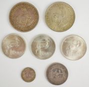 Seven South Africa silver coins 1896-1967 consisting of an 1896 South African Republic 2 Shillings