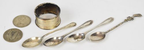 Three hallmarked silver tea or coffee spoons, hallmarked silver napkin ring, Egyptian silver