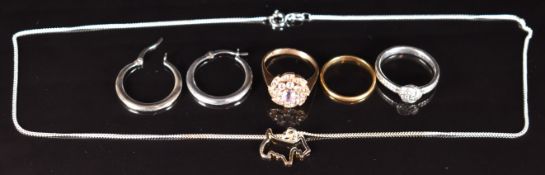 A collection of jewellery including 18ct gold wedding band/ ring (1.4g, size N), 9ct gold ring set