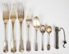 Georgian and later hallmarked silver cutlery including three Fiddle pattern table forks (one
