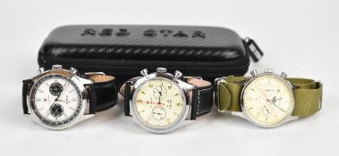 Three 21 Zuan Red Star gentleman's chronograph wristwatches, two automatic with clear exhibition