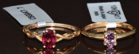 Two 9ct gold rings, one set with an oval cut Malawi garnet and one a Mahenge purple spinel, both