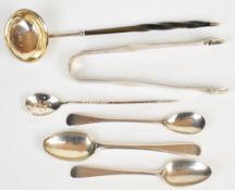 Georgian hallmarked silver cutlery to include a pair of sugar tongs with bright cut decoration and