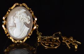 A 9ct gold brooch set with a cameo of a young woman (5.1g, 3.5 x 2.8cm) and two yellow metal