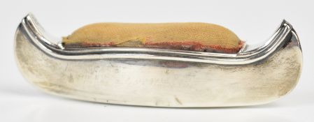 Edward VII novelty hallmarked silver pin cushion formed as a Canadian canoe, Birmingham, date letter