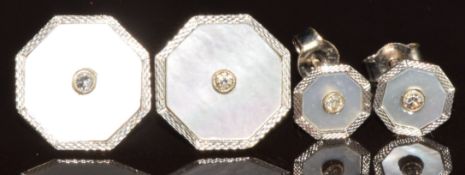 Art Deco pair of 9ct white gold and platinum earrings set with mother of pearl and a diamond, with a