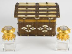 19th/20thC leather and mother of pearl scent / perfume bottle etui casket, the bottles with inset