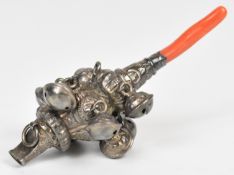 Victorian hallmarked silver baby's rattle with whistle, bells and coral handle, Birmingham 1892,