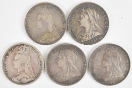 Five Victorian crowns comprising two 1889, 1896, 1897 and 1900, weight 140g