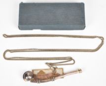 Modern hallmarked silver cigar cutter together with a silver plated bosun's whistle on chain