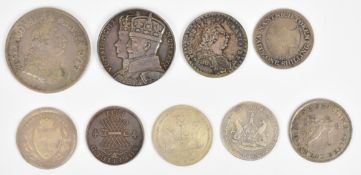 Collection of mainly silver tokens and coins comprising George III 1811 and 1811 bank tokens for 3