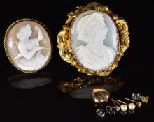 Two Victorian cameo brooches, a 9ct gold heart locket (1.3g) and two pairs of 9ct gold earrings, one