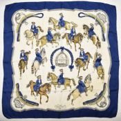 Hermès silk scarf Reprise with horse and rider decoration, designed by Phillippe Ledoux, 90 x 90cm