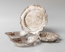 Four Various Silver Items, comprising a shaped circular and engraved with a scene of children