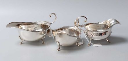 Three Various Silver Sauceboats, each of typical form, 16.5cm wide over handle and smaller, 9oz,