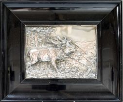 A Silver Plate Plaque, Signed Indistinctly, 20th Century, cast with a stag in high relief within a