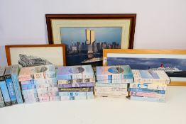 A collection of VHS tapes on maritime history and history of Liverpool and three framed prints of