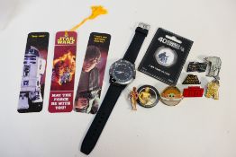 Star Wars memorabilia and collectibles to include: 8 x badges, 1 x watch,