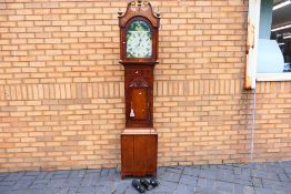 An oak and mahogany cased 8-day painted dial longcase clock, c1840, hood with swan-necked pediment,