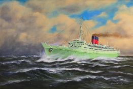 A framed oil on canvas sea scape depicting RMS Caronia, signed lower right James W Bridge,