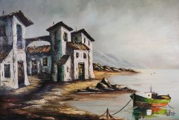 A large oil on canvas depicting a Mediterranean coastal landscape scene,