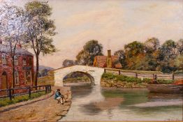 A late 19th or early 20th century landscape scene depicting a man fishing by the side of a river