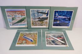 Five vintage Air BP prints of aeroplanes comprising Air France, BEA, KLM, Finnair and Aer Lingus,