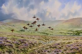 Jonathan Yule (Norfolk School) - A watercolour landscape scene, grouse over moorland,