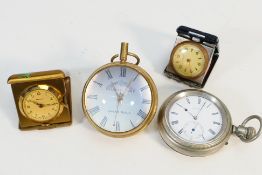 A white metal pocket watch, dial signed M Molloy, Llandudno, the case back marked with broad arrow,