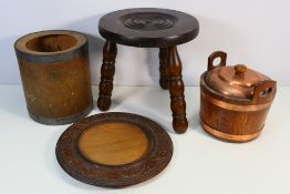 Lot to include a wooden stool, coopered oak ice bucket and a Colman''s 9lbs container.