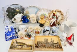 A mixed lot to include decanters, royal commemorative, small glass dog figure and other.
