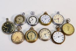 A collection of vintage pocket watches, Ingersoll and other, one stamped with broad arrow.