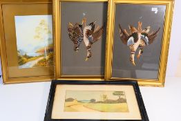 A quantity of framed and glazed pictures to include landscape scenes and two pictures of hanging