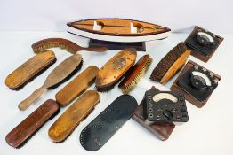 Lot to include a wooden model boat, mounted to a plinth, a vintage BriCal Model C Money Calculator,