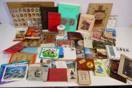 Lot to include stamps, postcards, early 20th century autograph book containing sketches, verse,