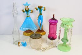 Mixed glassware to include a green glass lustre, Murano style figures (some damages),