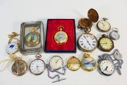 A collection of vintage and contemporary pocket watches and a plated full hunter pocket watch case.