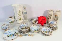 Mixed ceramics to include Japanese, a Goebel pig form money bank, Lladro figure, Wade and similar.