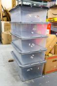 Five clear plastic storage boxes approximately 32L capacity,