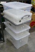 Five clear plastic storage boxes approximately 24.5L measuring approximately 16.