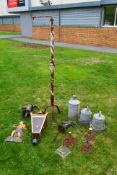 Metalware to include a wrought iron lantern stand, 151 cm (h), water pump heads and other.