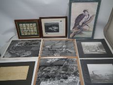 A collection of framed and unframed pictures to include: Framed Tobacco cards (Cope's Golfers -