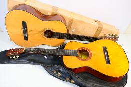 Two acoustic guitars, one in soft case, the other boxed. [2].