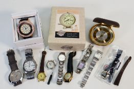 Wristwatches and parts to include a Seiko 5 Automatic, 7S26-0060 and other, also too travel clocks.