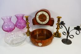 A mixed lot to include a Smiths mantel clock, candlesticks, a pair of lilac glass vases and other.