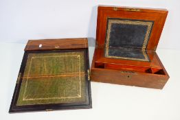 Two vintage lap desks / writing slopes with decorative brass inlay and gilt tooled leather writing