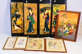 A collection of Asian paintings on silk, prints, oil on board and decorative wooden panels.