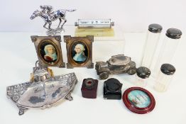 A mixed lot of small collectibles to include desktop perpetual calendar, inkwells,