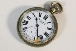 Railwayana - A nickel plated open face pocket watch, the white enamel dial marked B.R.(M).