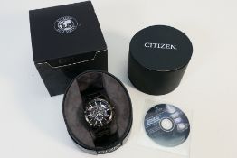 A Citizen Eco Drive Perpetual Calendar Sapphire WR 200 bracelet watch, black dial and bracelet,